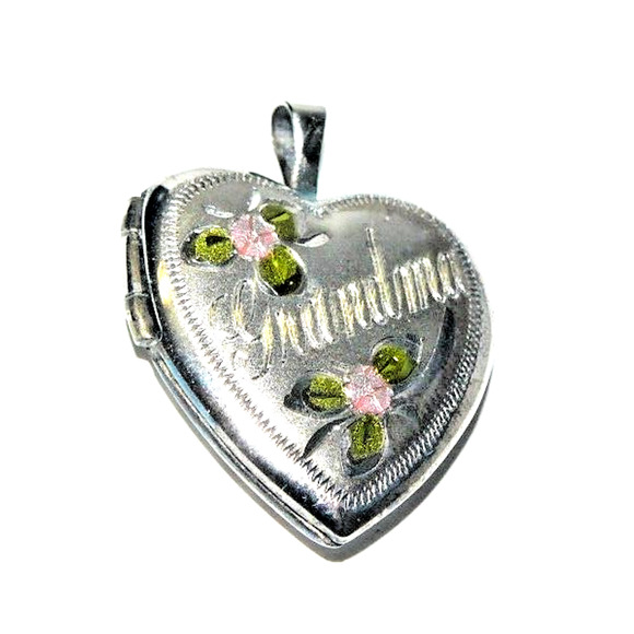 Grandma Pink/Green Floral Heart Puffed Locket Charm Pendant 925 Sterling Silver - Picture 5 of 6